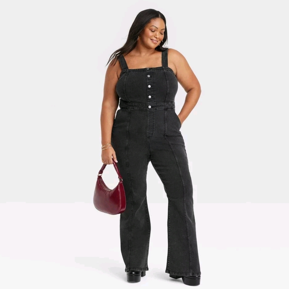 NWT Black Flare Denim Jumpsuit Size 26
